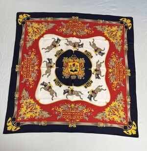 Equestrian Print Scarf Red Navy Yellow White Square Wrap Vintage Style